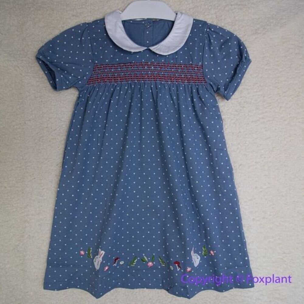 New! Easter Bunny Rabbits Girls‎ Smocked Blue Dress, size 5T